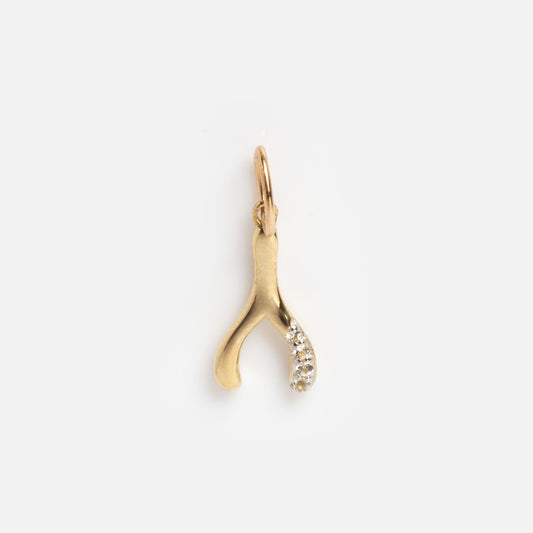 The Solid Gold Lucky Charm is a wishbone-shaped pendant featuring small clear gemstones on one side, suspended from a circular loop and displayed against a plain white background.