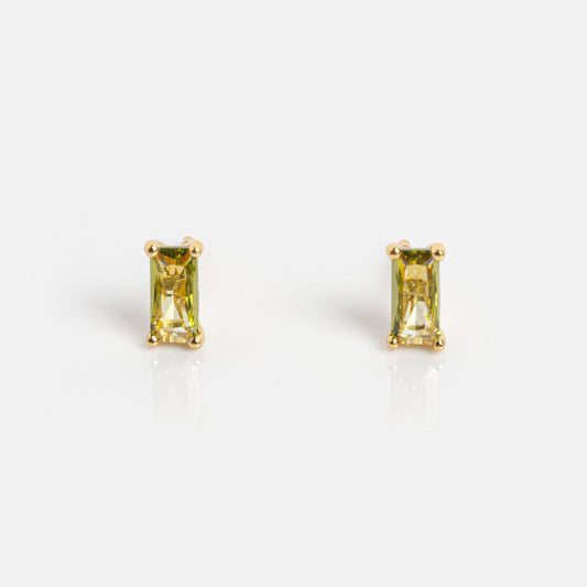A pair of Birthstone Baguette Studs August Sample gold earrings with rectangular yellow gemstones, shown on a plain white background.