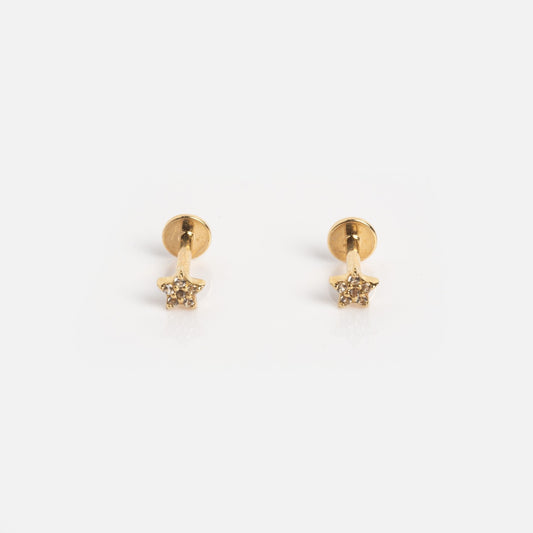 Solid Gold Flat Back Studs Star Pair Sample: small gold star-shaped stud earrings with tiny clear gemstones in the center, shown on a plain white background.