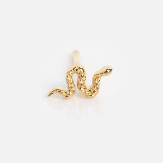Solid Gold Slither Snake Stud Sample—textured, gold stud earring shaped like a small curving snake, shown on a white background.
