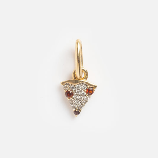 The Solid Gold Pepperoni Pizza Slice Sample is a gold charm shaped like a pizza slice, featuring clear and red gemstones for cheese and pepperoni, and includes a gold loop for attaching to a bracelet or necklace.