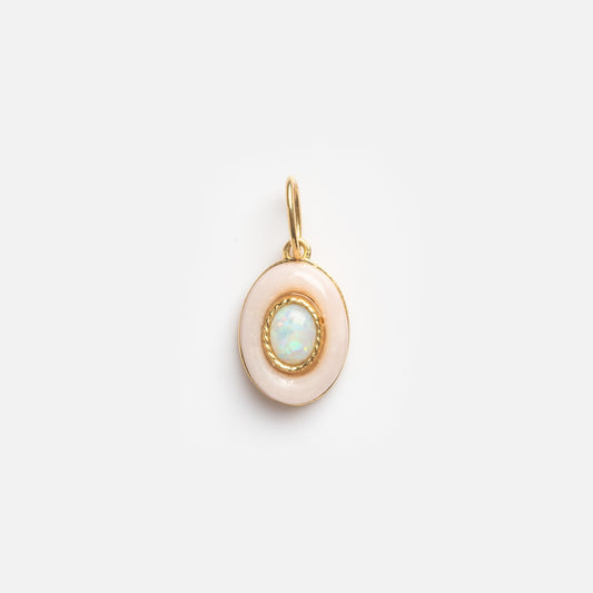 A Solid Gold Large Modern Pink Opal Charm is shown against a plain white background, featuring a round design with a pink opal stone set at the center.