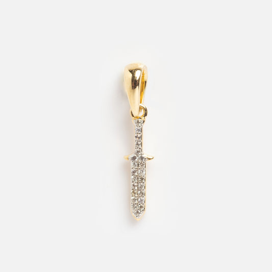 The Solid Gold Dagger Charm Sample features a sword-shaped design encrusted with small clear gemstones, photographed on a plain white background.