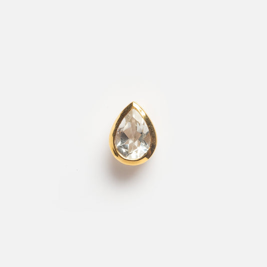 A Solid Gold Pear Gemstone Slider Charm featuring a clear white topaz in a gold bezel, displayed against a plain white background.