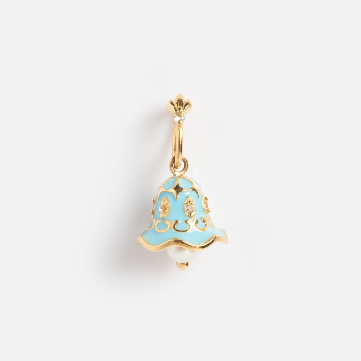 The Solid Gold Celebration Charm, crafted in a gold and light blue bell shape with intricate detailing, hangs from a small gold loop, highlighting the elegance of 9k solid gold charms against a plain white background.