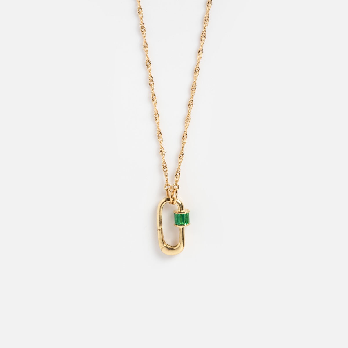 Solid Gold Perfect Start Charm Holder Necklace with a twisted chain, a small gold oval pendant, and a rectangular green gemstone charm, shown on a white background.