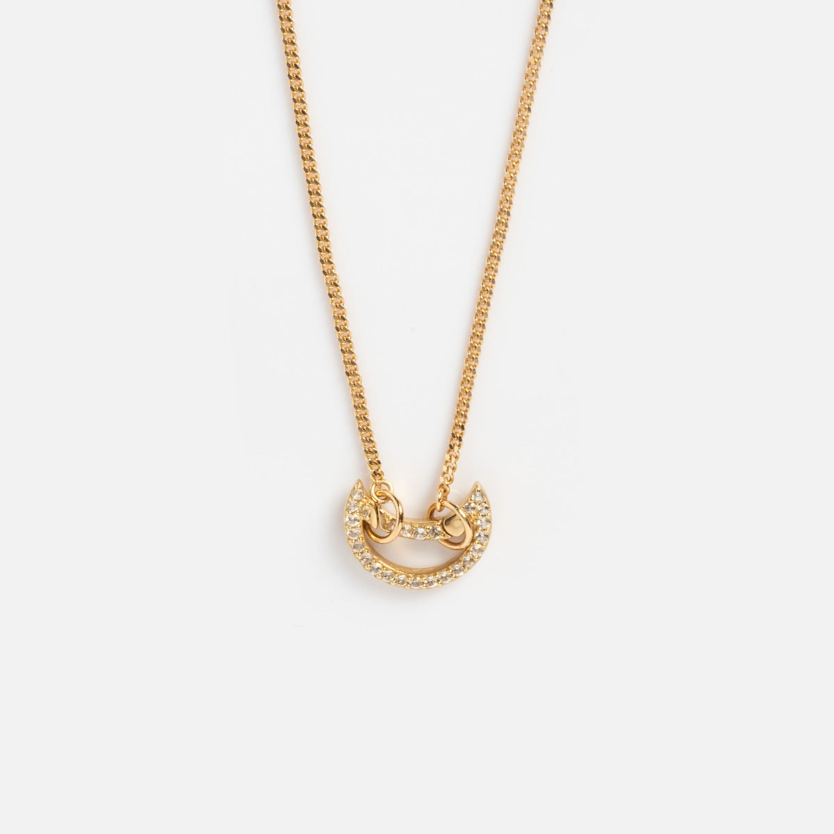 Solid Gold Perfect Start Charm Holder Necklace featuring a delicate chain and crescent moon pendant with sparkling stones, shown on a simple white background.