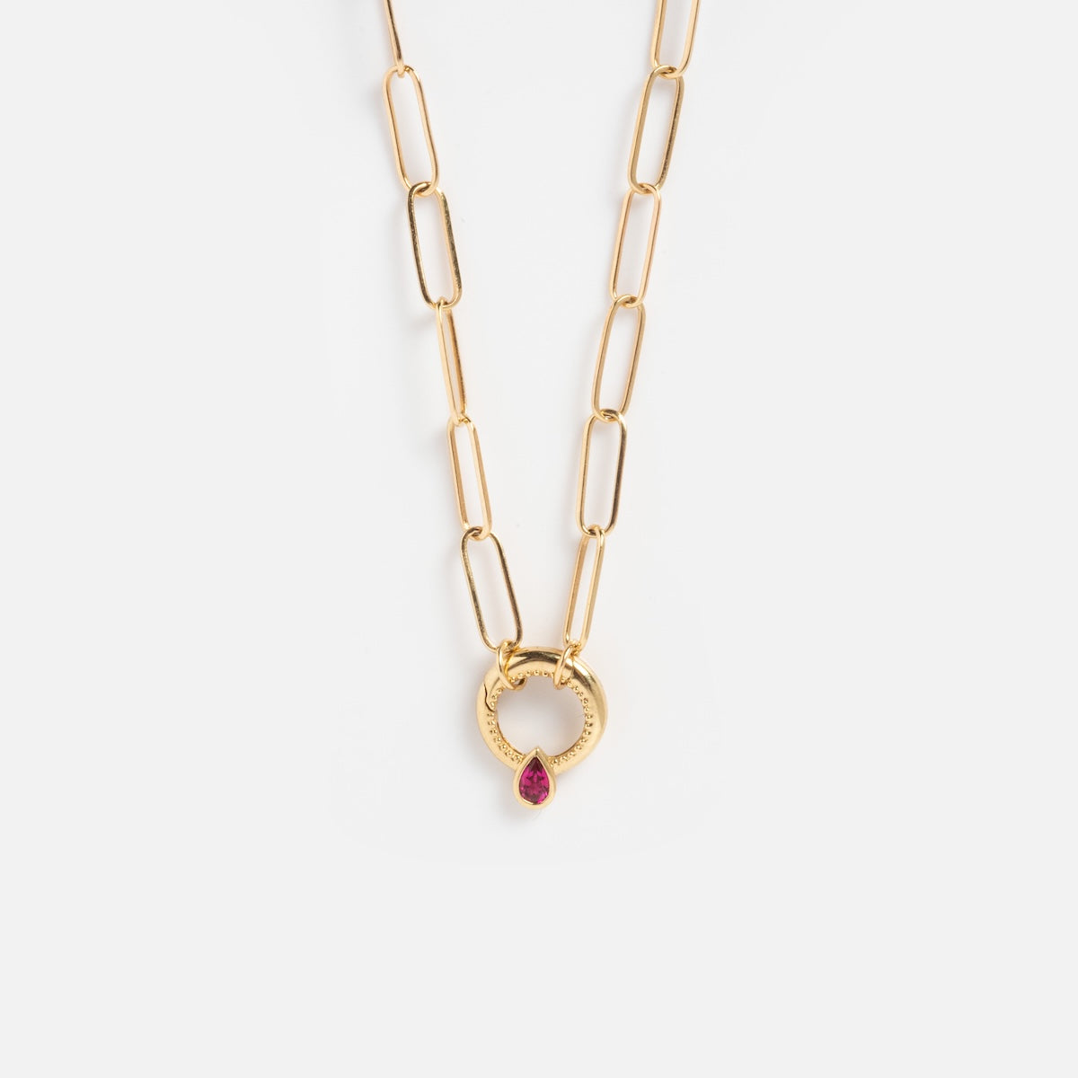 The Solid Gold Perfect Start Charm Holder Necklace showcases elongated gold links, a round pendant inscribed with text, and a teardrop-shaped red gemstone in the center, all displayed on a plain white background.