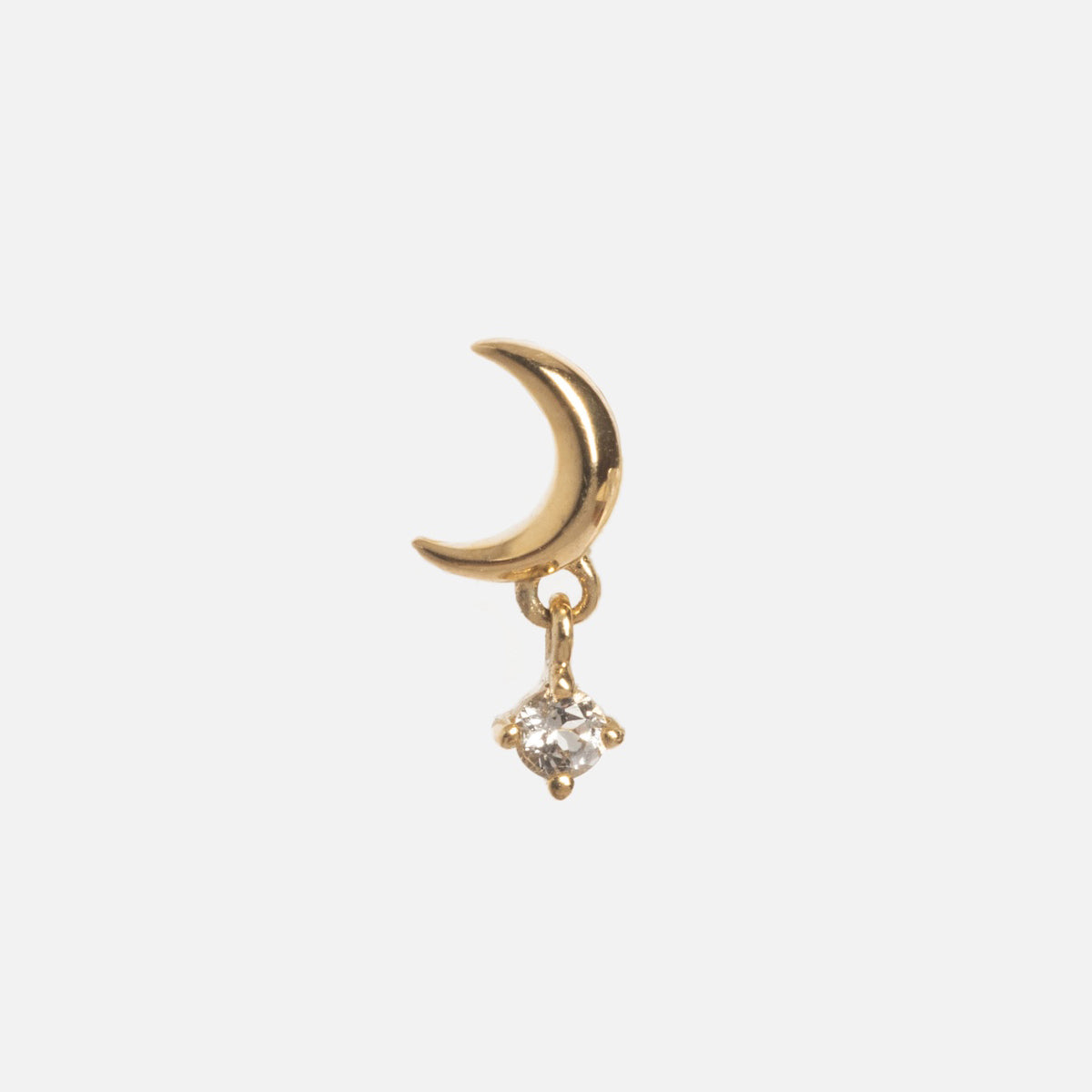 Solid Gold Crescent Moon Flat Back Studs featuring a small crescent moon charm with a dangling clear gemstone, shown on a plain white background.