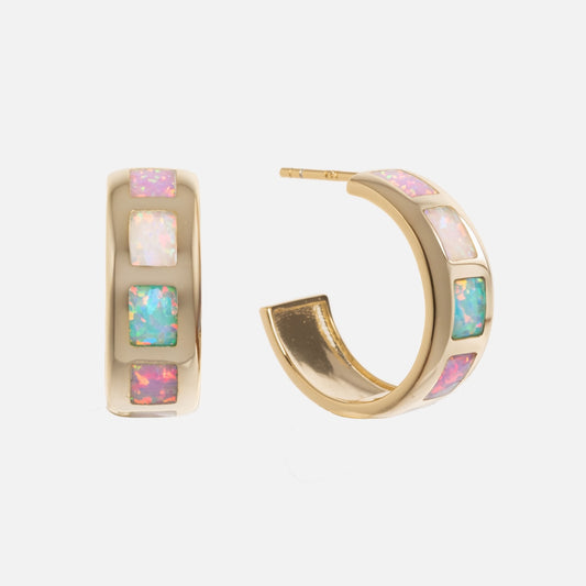 Opal Ocean Lover Hoops: Gold hoop earrings with three rectangular opal inlays in pink, blue, and green, set on a white background.
