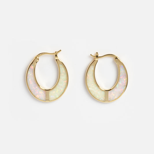 The Opal Ombre Lunar Hoops are gold hoop earrings featuring opalescent inlay panels, shown on a plain white background.