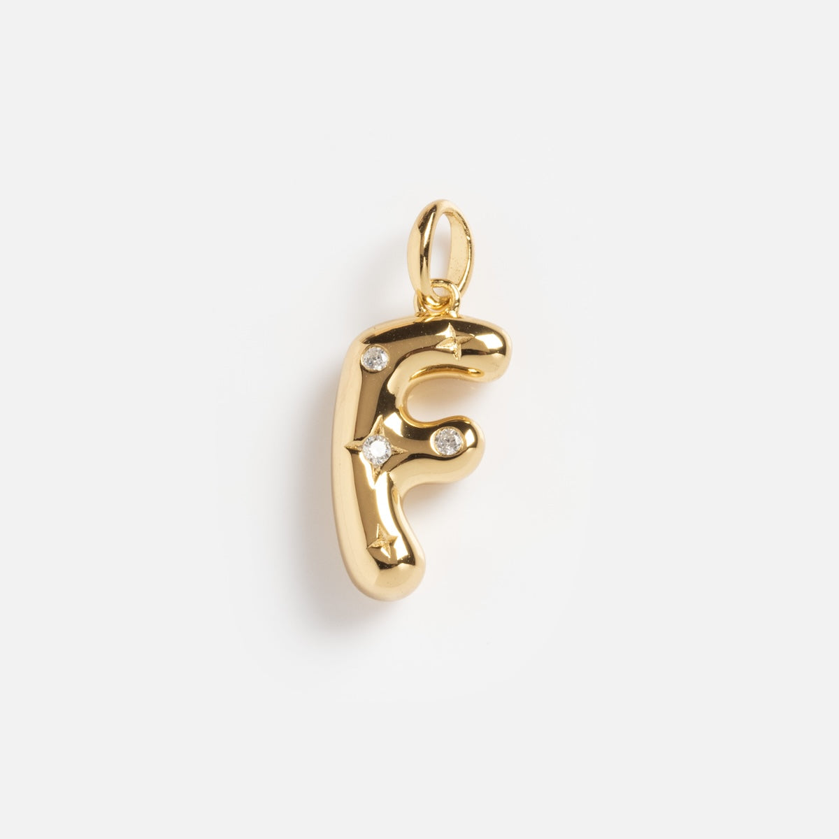 Star Crossed Celestial Bubble Letter Charm in gold, shaped like the letter F, features three small round diamonds, shown on a plain white background.