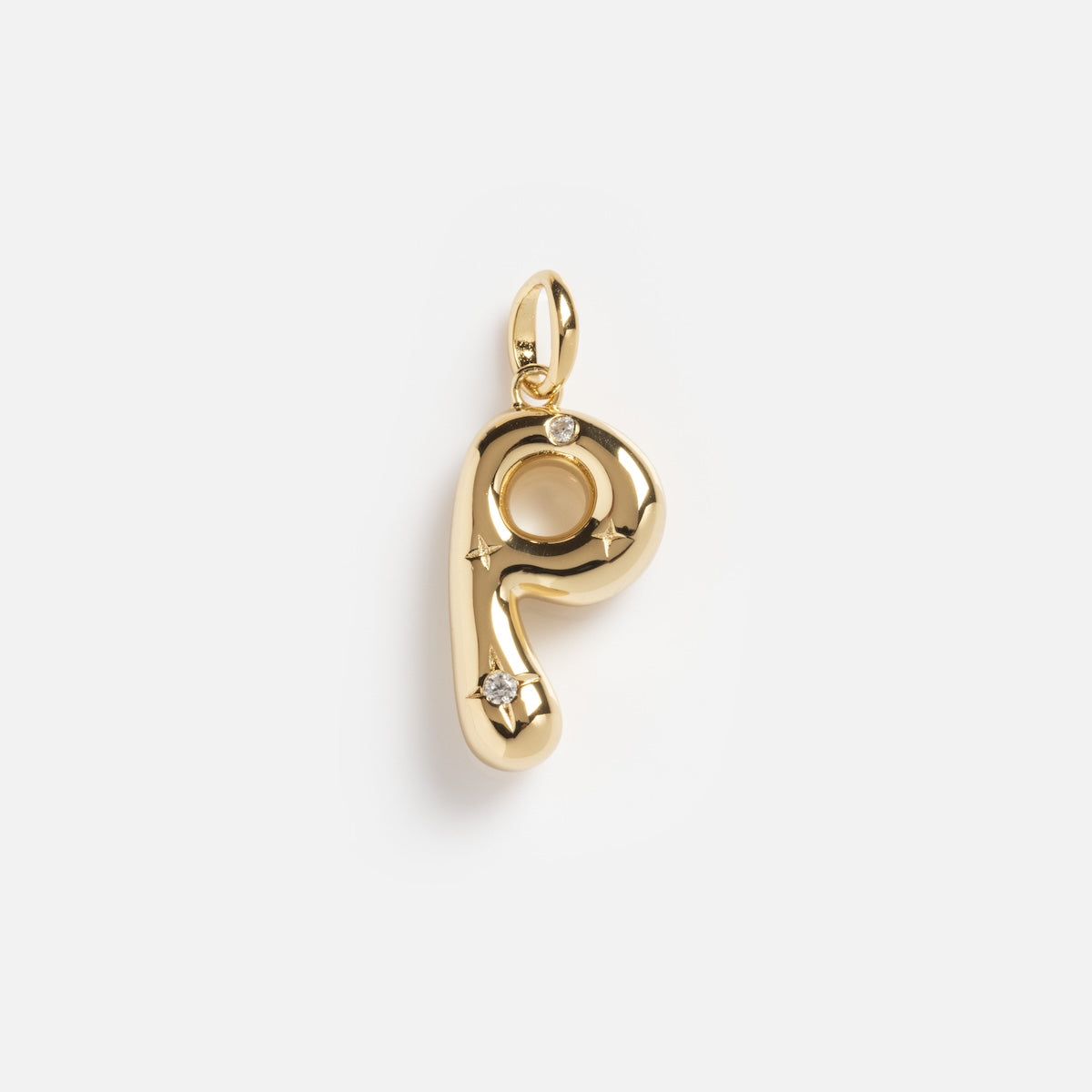 The Star Crossed Celestial Bubble Letter Charm, a shiny gold pendant shaped like the letter P and adorned with three small round diamonds, is shown against a plain white background.