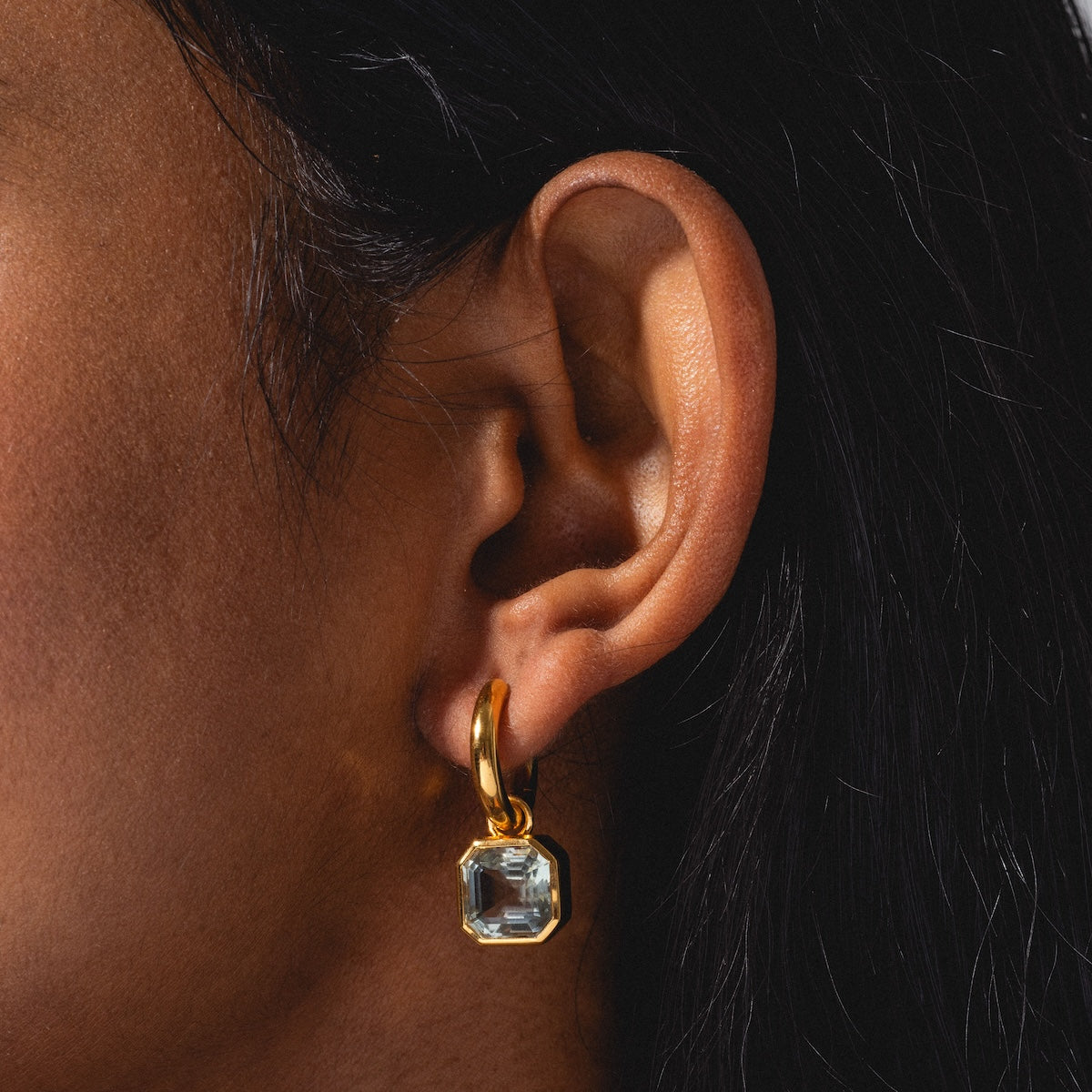 Close-up of a person's ear with medium brown skin and dark hair, wearing Green Amethyst Drop Hoop Earrings featuring a gold hoop and a large, clear rectangular green amethyst gemstone pendant.