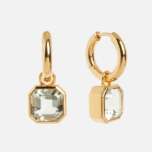 A pair of Green Amethyst Drop Hoop Earrings featuring gold hoops with hanging, octagon-shaped green amethyst charms set in gold bezels, displayed against a white background.