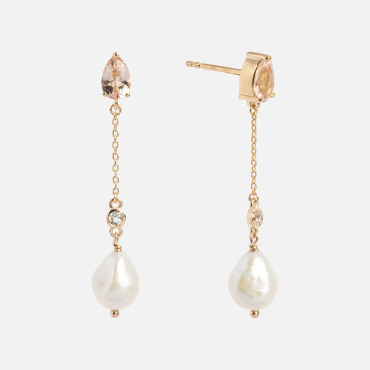 Solid Gold Citrine and Pearl Droplet Earrings featuring teardrop citrine studs, a delicate chain with a round gemstone accent, and a white baroque pearl drop. Displayed on a plain white background.
