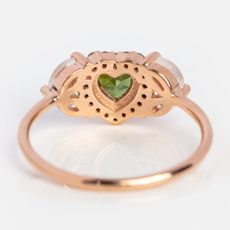 Rose Gold Green Topaz Moonstone and Diamond Love Ring
