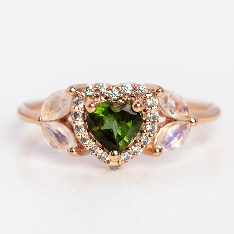 Rose Gold Green Topaz Moonstone and Diamond Love Ring
