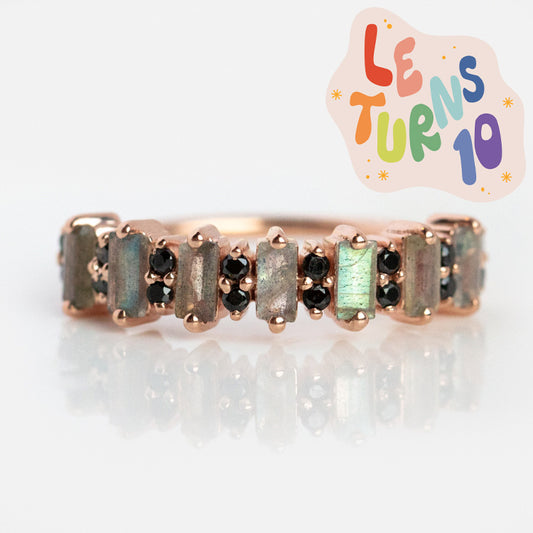 Limited Edition 10th Birthday Rose Gold Canary Ring in Labradorite and Black Spinel