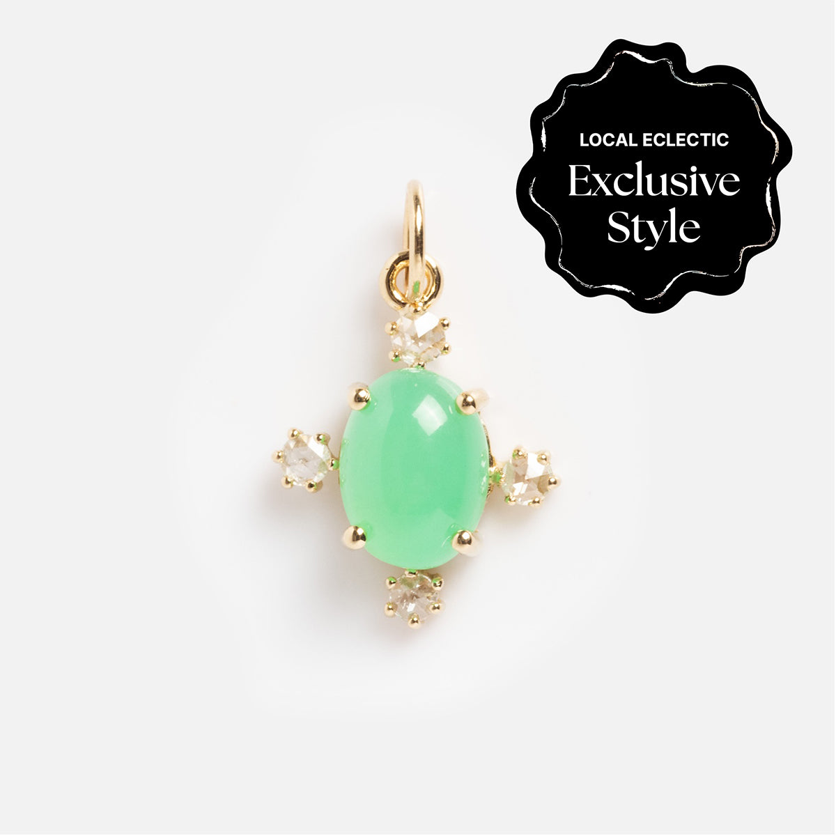 The One of a Kind 14k Chrysoprase and Diamond Charm features an oval green chrysoprase center with diamonds in a cross design, plus a black corner label that says Local Eclectic Exclusive Style.