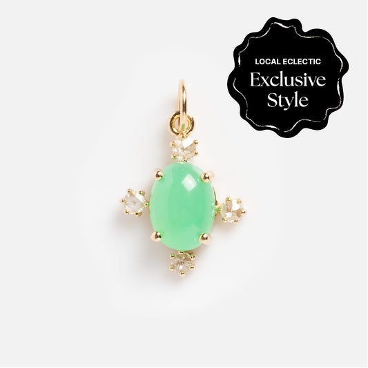 The One of a Kind 14k Chrysoprase and Diamond Charm features an oval green chrysoprase center with diamonds in a cross design, plus a black corner label that says Local Eclectic Exclusive Style.
