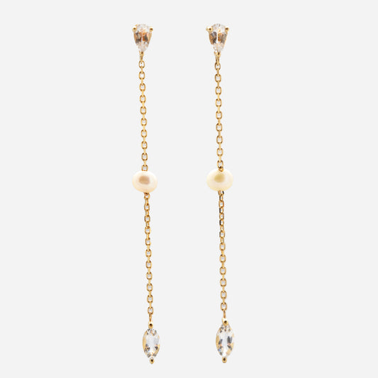 Solid Gold Pearl and White Topaz Drop Earrings