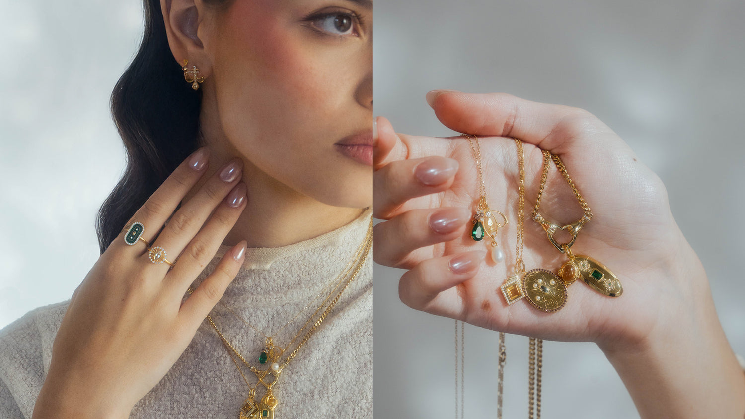 two images - one of a woman's hand and face wearing assorted gemstone and gold jewelry and one a close up of a hand holding assorted gold and gemstone jewelry