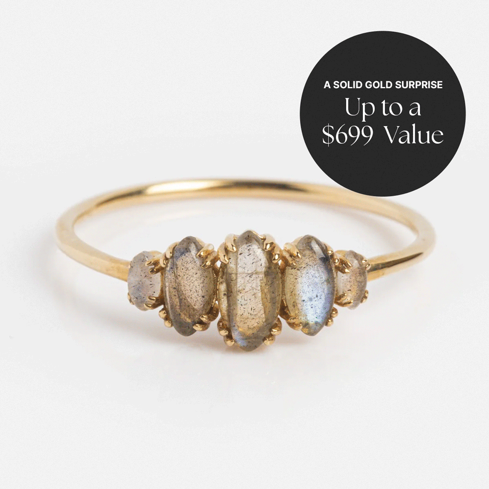 The Solid Gold Surprise Ring features five oval gemstones set in a row; a black circle displays, "A SOLID GOLD SURPRISE Up to a $699 Value.