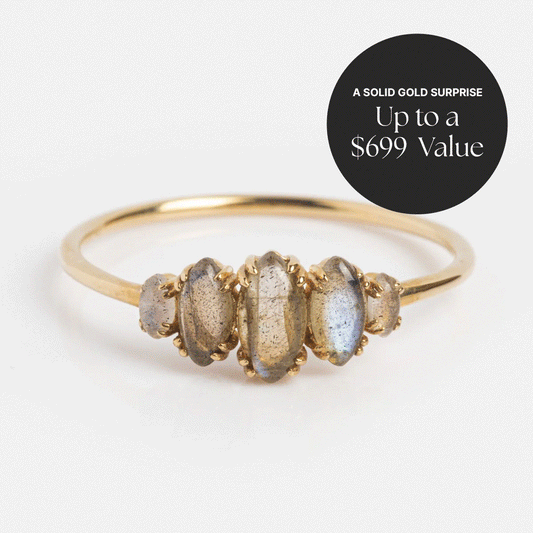 The Solid Gold Surprise Ring features five oval gemstones set in a row; a black circle displays, "A SOLID GOLD SURPRISE Up to a $699 Value.