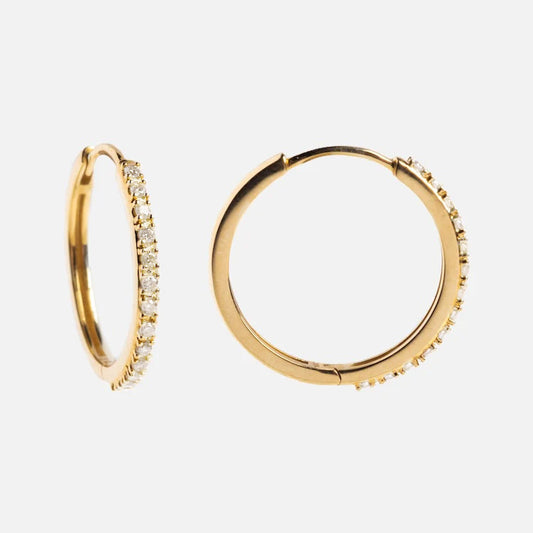 Solid Gold Diamond Hoops: 10k solid gold hoop earrings featuring small, shimmering lab-created diamonds along the outer edge, shown against a plain white background.
