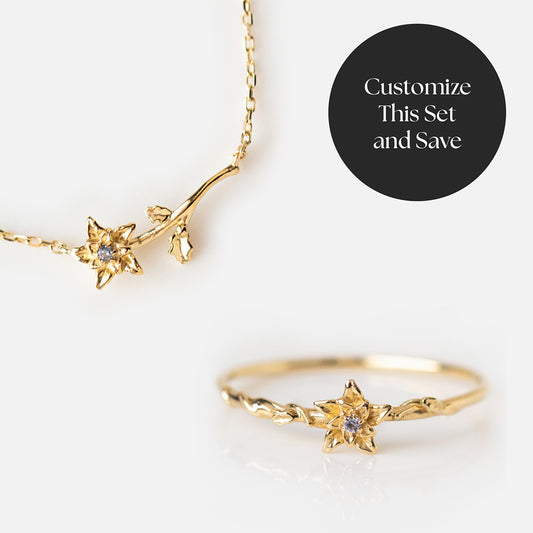 Solid Gold Birth Flower Ring and Necklace Gift Set