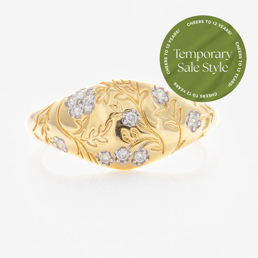 Solid Gold Floral Etched Diamond Pinky Ring