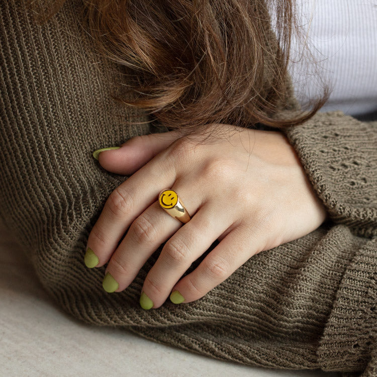Enamel Smiley Face Signet Ring