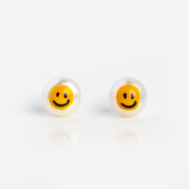 Smiley Face Painted Freshwater Pearl Stud Earrings