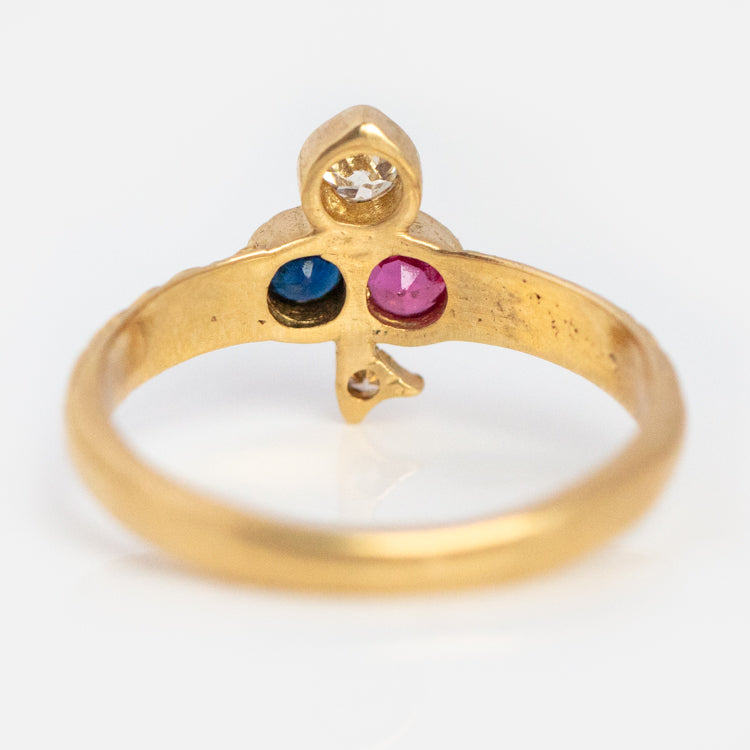 Vintage 18k Ruby Diamond and Sapphire Clover Ring Size 5