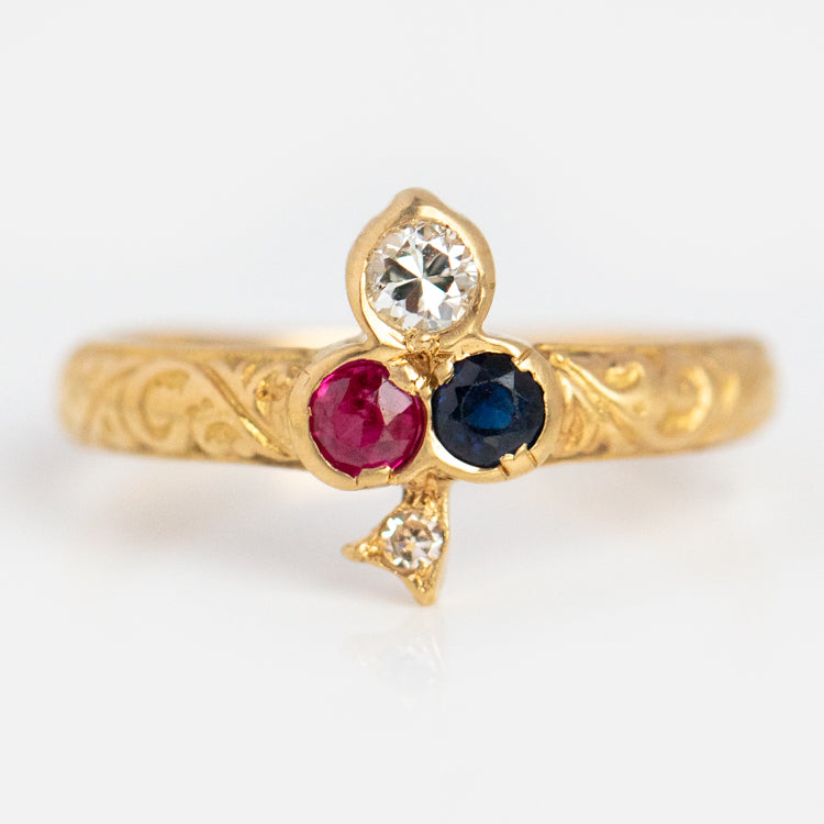 Vintage 18k Ruby Diamond and Sapphire Clover Ring Size 5