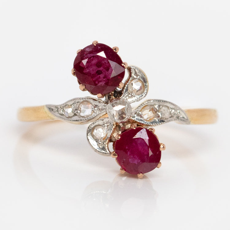 Vintage 14k Milgrain Ruby and Diamond Crossover Ring Size 5.5