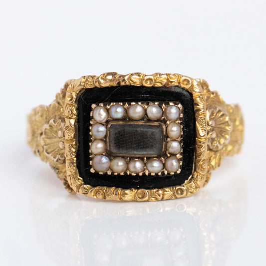 Vintage 18k Georgian Pearl and Enamel Mourning Ring Size 7