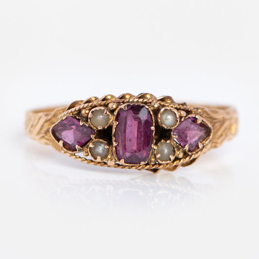 Vintage 15k Garnet and Seed Pearl Ring Size 6.5