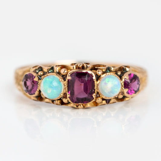 Vintage 15k Victorian Ornate Garnet and Opal Ring Size 8.5