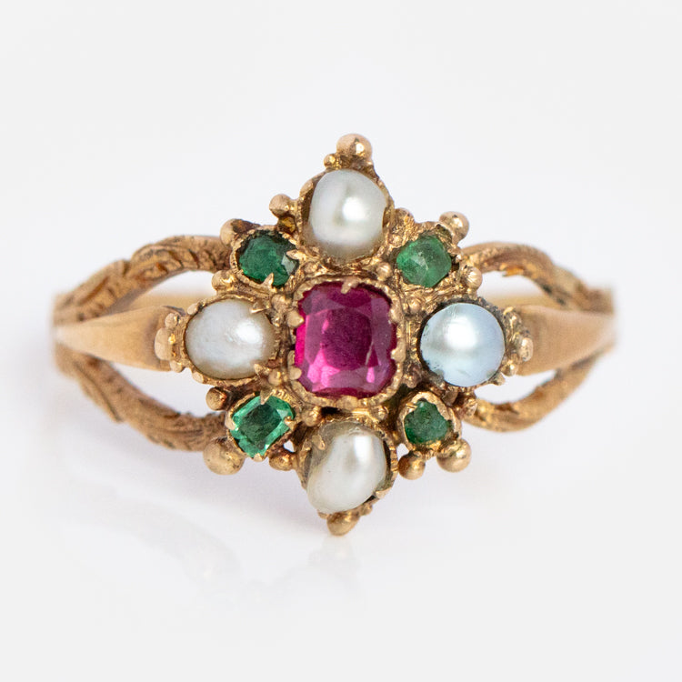 Vintage 18k Victorian Ruby Emerald and Pearl Cluster Ring Size 7.25