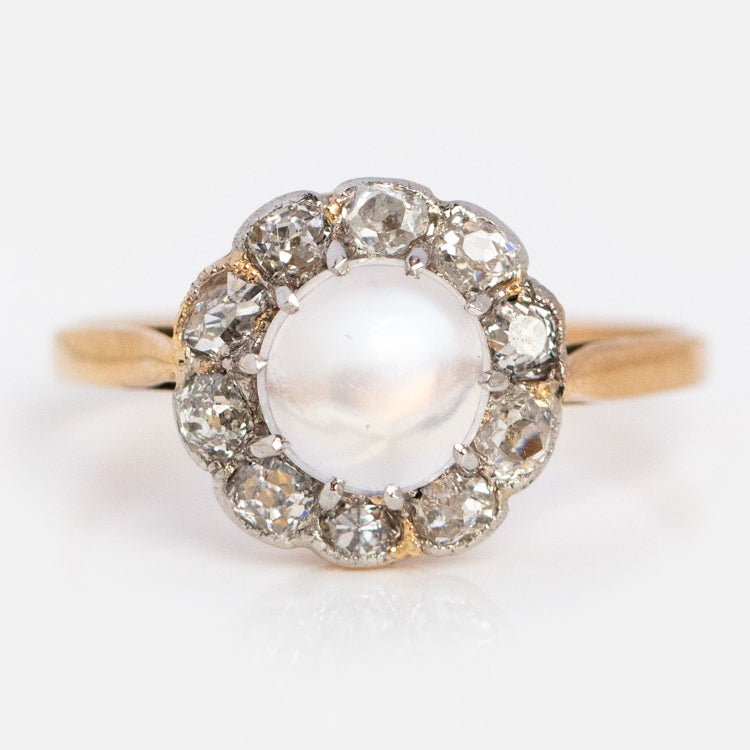 Vintage 18k Early 20th Century Moonstone and Diamond Cluster Ring Size 6.75