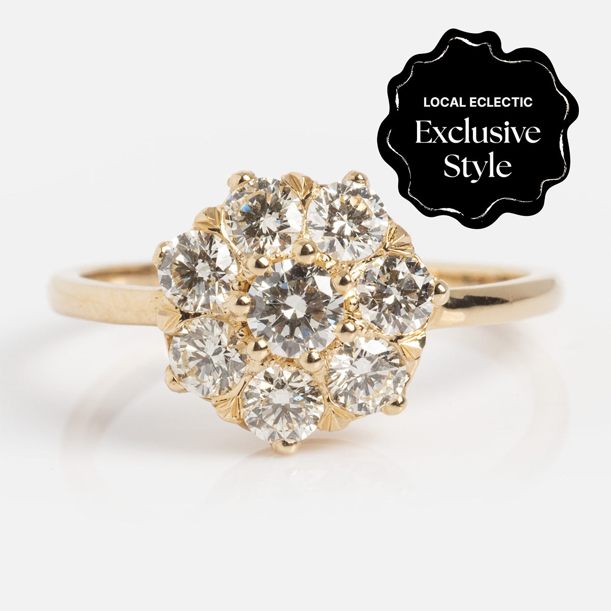 The Amas d'Etoiles Ring showcases a cluster of nine round diamonds totaling .86 ctw in a flower pattern. Set against a white background with a “Local Eclectic Exclusive Style” badge in the corner.