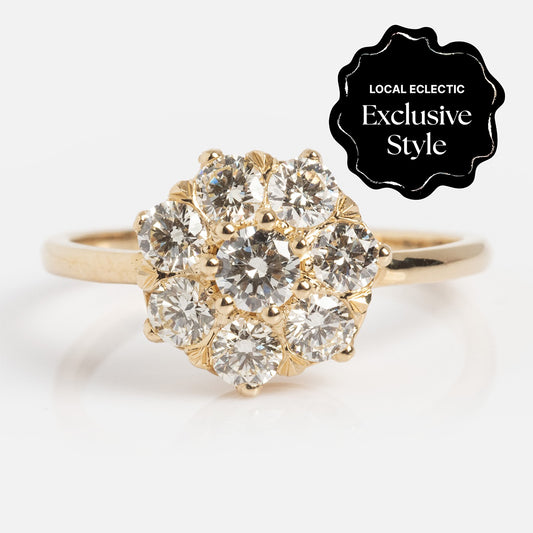 The Amas d'Etoiles Ring showcases a cluster of nine round diamonds totaling .86 ctw in a flower pattern. Set against a white background with a “Local Eclectic Exclusive Style” badge in the corner.
