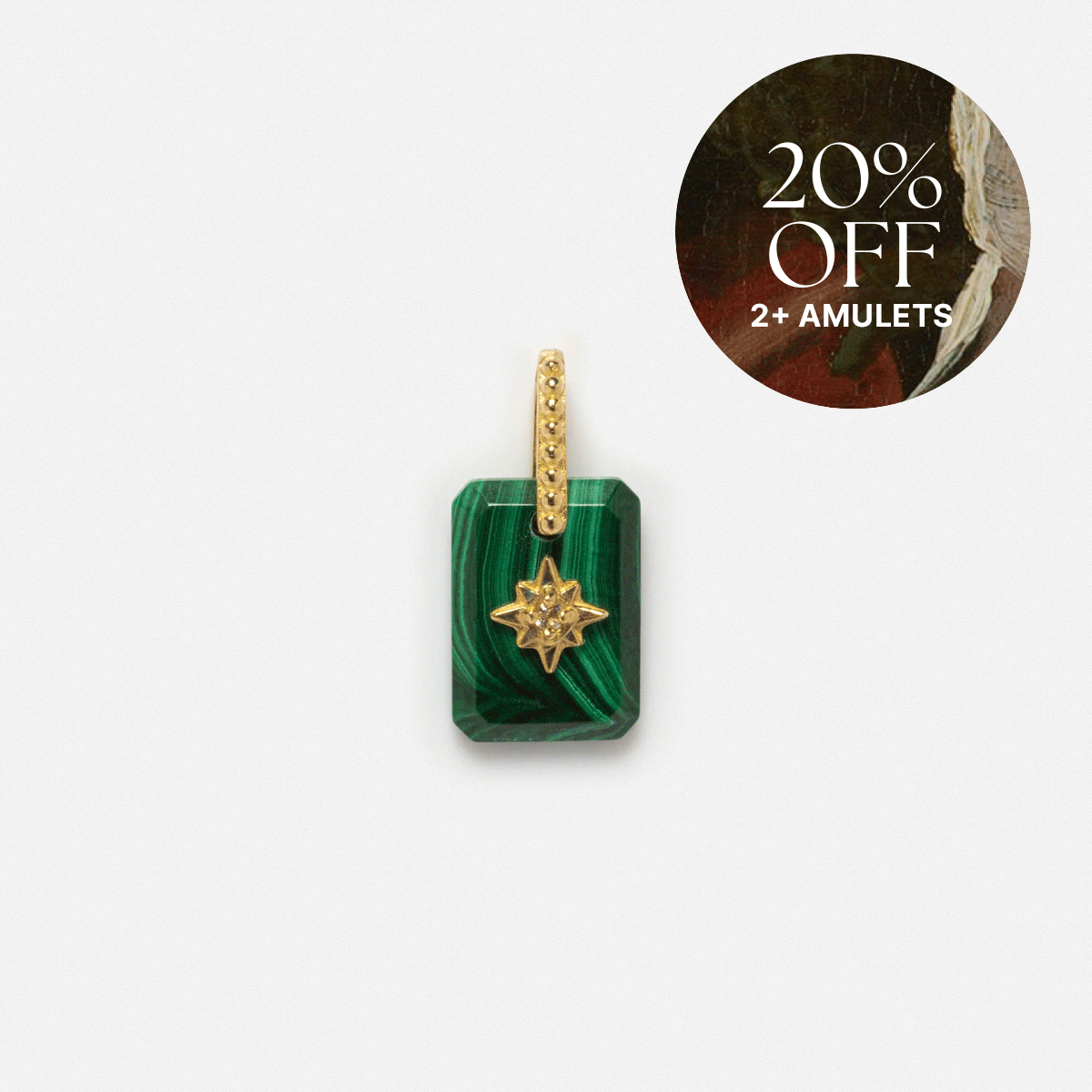 Rectangular green Solid Gold Crystal Amulet Charm for Manifestation with a gold star and beaded loop. A brown and white circular label in the top right corner says, "20% OFF 2+ AMULETS.