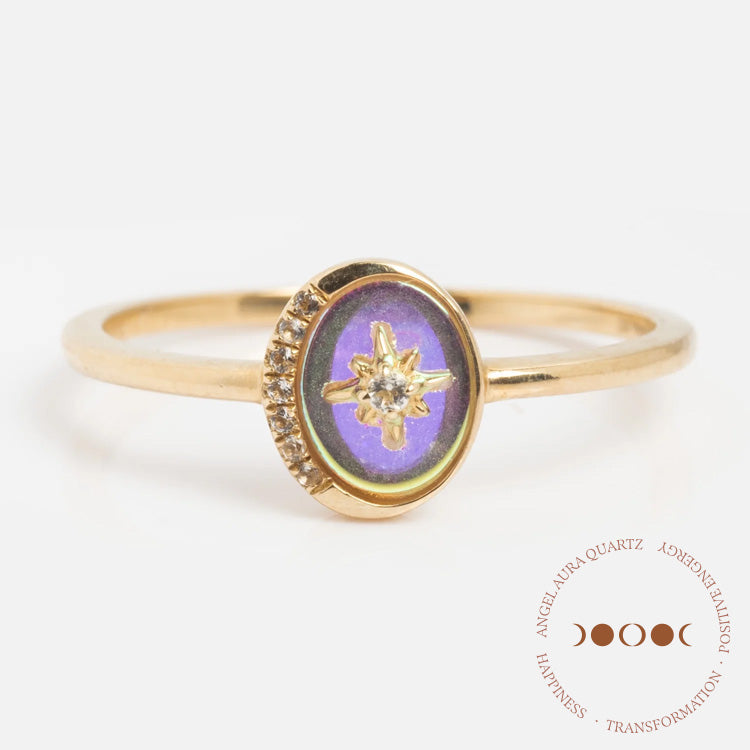 The Solid Gold Crystal Crescent Moon Ring for Manifestation showcases a purple oval center with a diamond star and tiny diamond accents, symbolizing happiness and transformation—ideal for manifesting with natural crystals.
