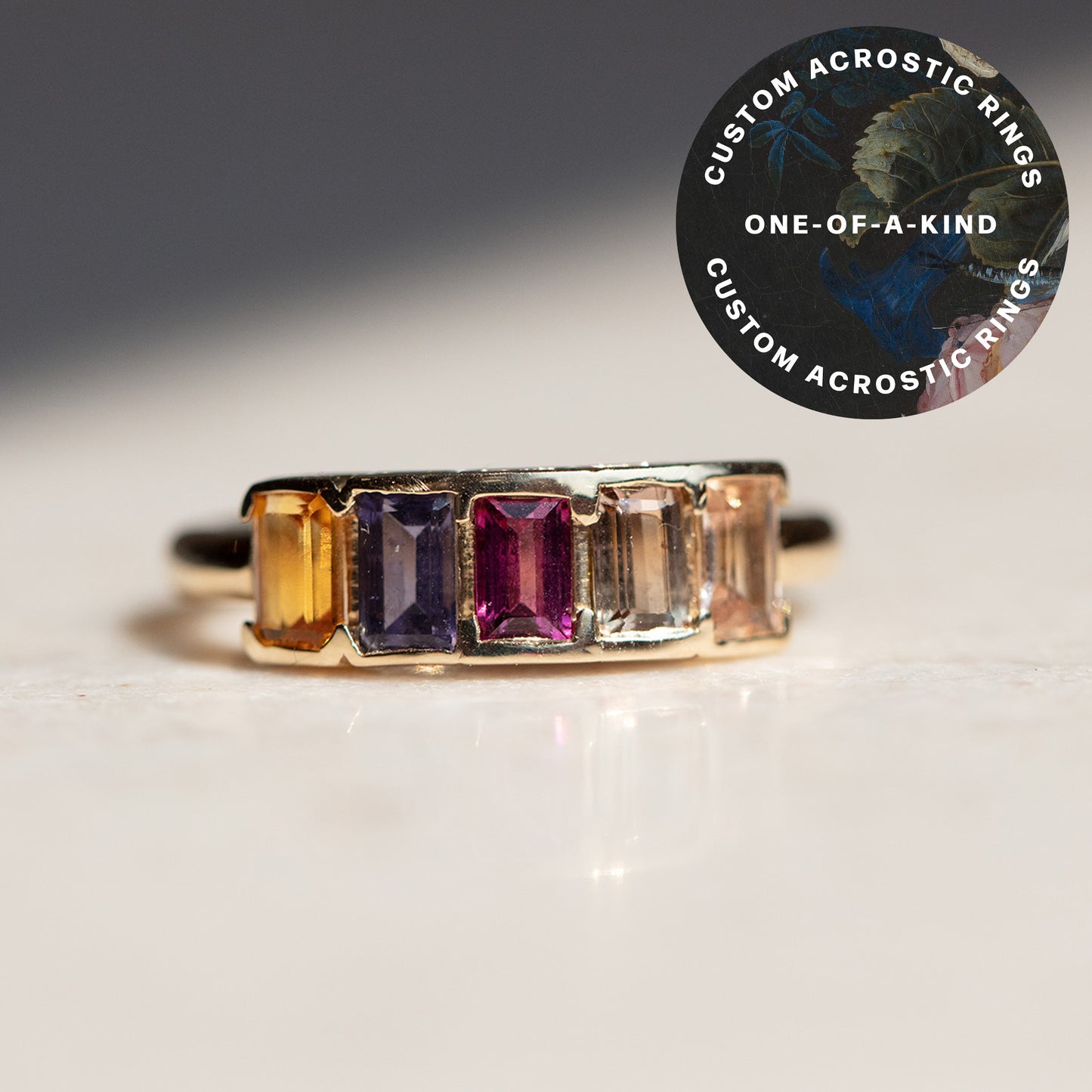 Customizable Acrostic Baguette Gemstone Ring Design