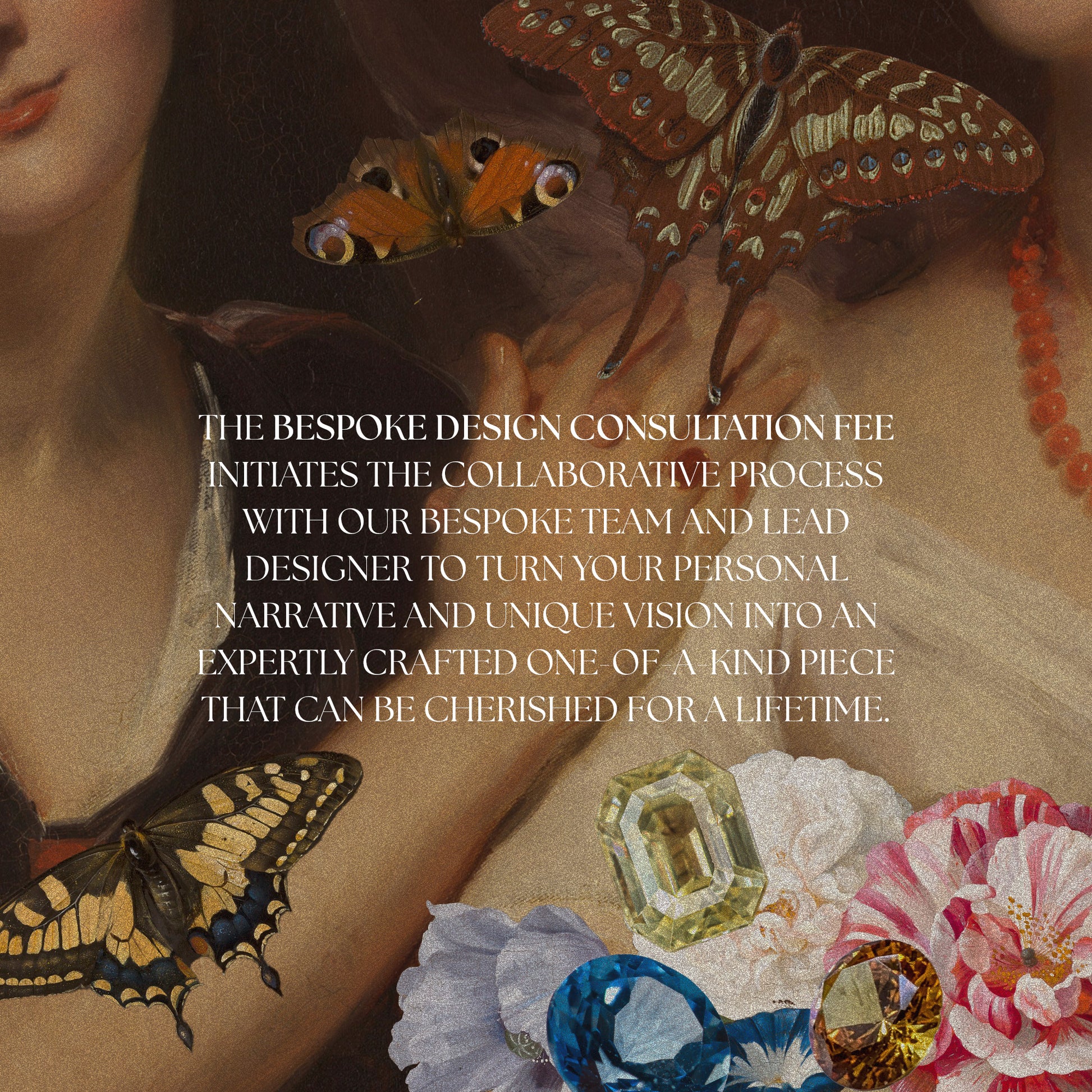 A vintage-style artwork with women, butterflies, gems, and flowers promotes the Bespoke Design Consultation at Local Eclectic to help you create a unique custom jewelry piece.
