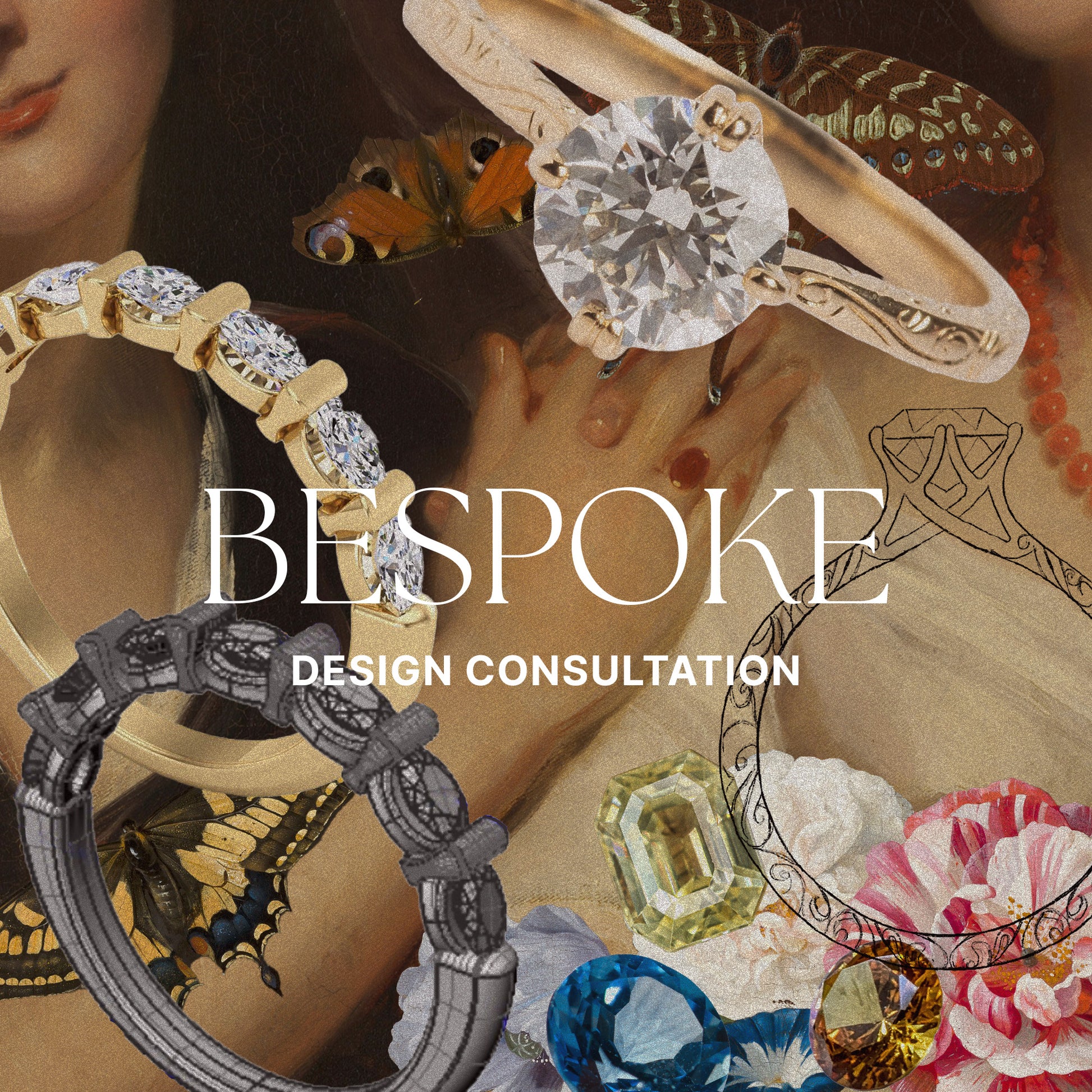 A collage with vintage portraits, vibrant gemstones, ornate rings, butterflies, flowers, and “Bespoke Design Consultation” text—ideal for anyone seeking custom jewelry made unique by Local Eclectic’s signature flair.
