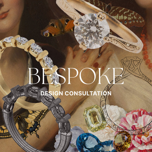 A collage with vintage portraits, vibrant gemstones, ornate rings, butterflies, flowers, and “Bespoke Design Consultation” text—ideal for anyone seeking custom jewelry made unique by Local Eclectic’s signature flair.